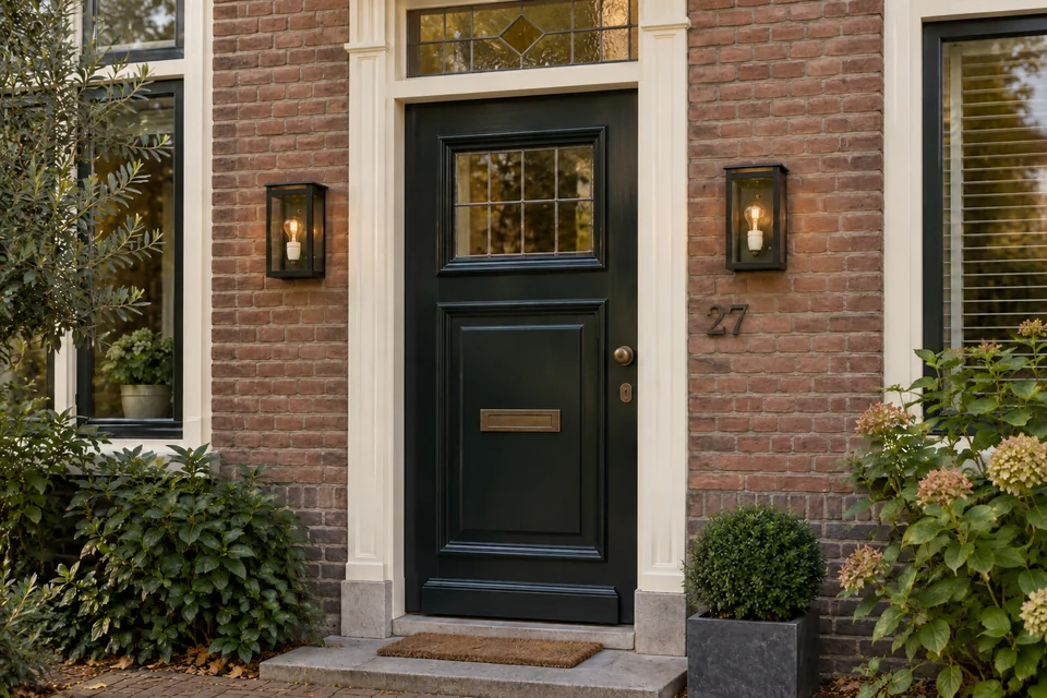 Twee Amsterdam-wandlampen naast een donkergroene voordeur.