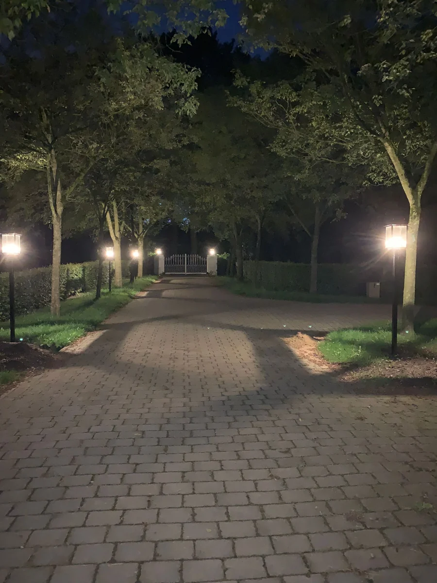Lantaarnpalen langs een oprit in de avond.