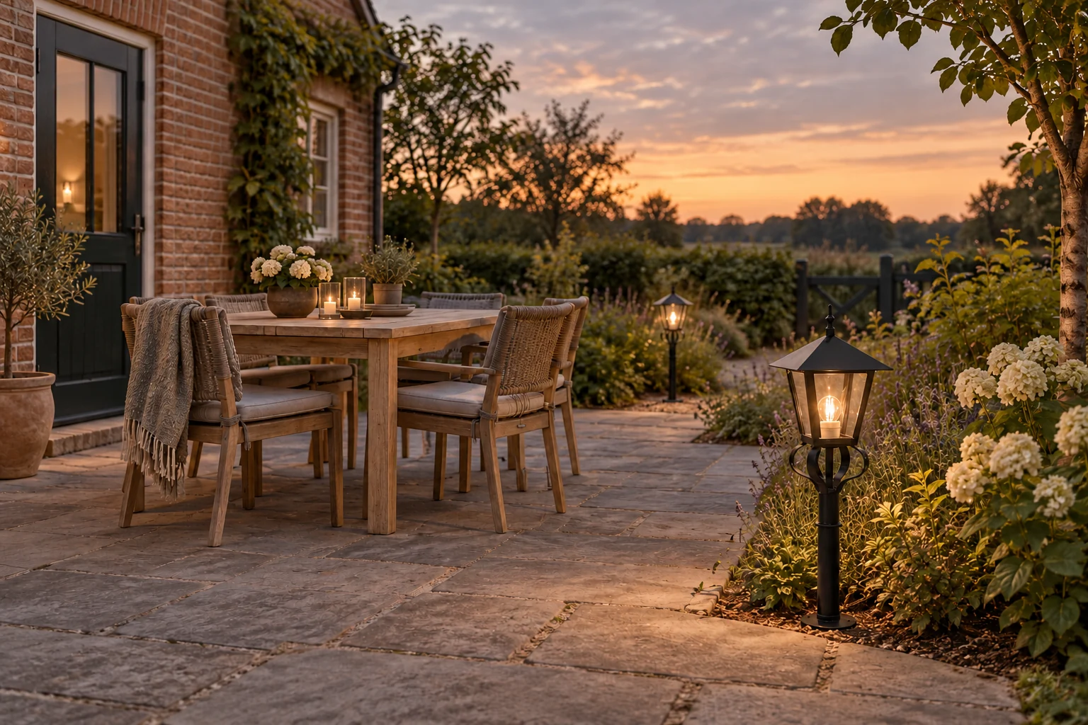 Lage Artisans Vierkant-lantaarns langs de border van een open terras bij zonsondergang.