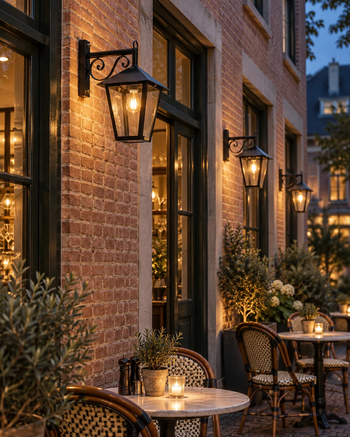 Artisans Vierkant-lantaarns op hangende muurarmen langs een restaurantterras bij schemering; AI-sfeerimpressie op basis van de productfoto.