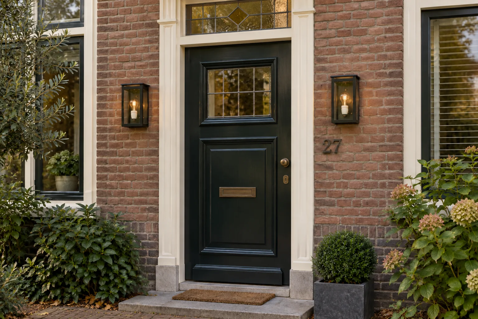 AI-sfeerimpressie van twee Amsterdam Wandlamp M-armaturen naast een donkergroene voordeur in een bakstenen gevel.