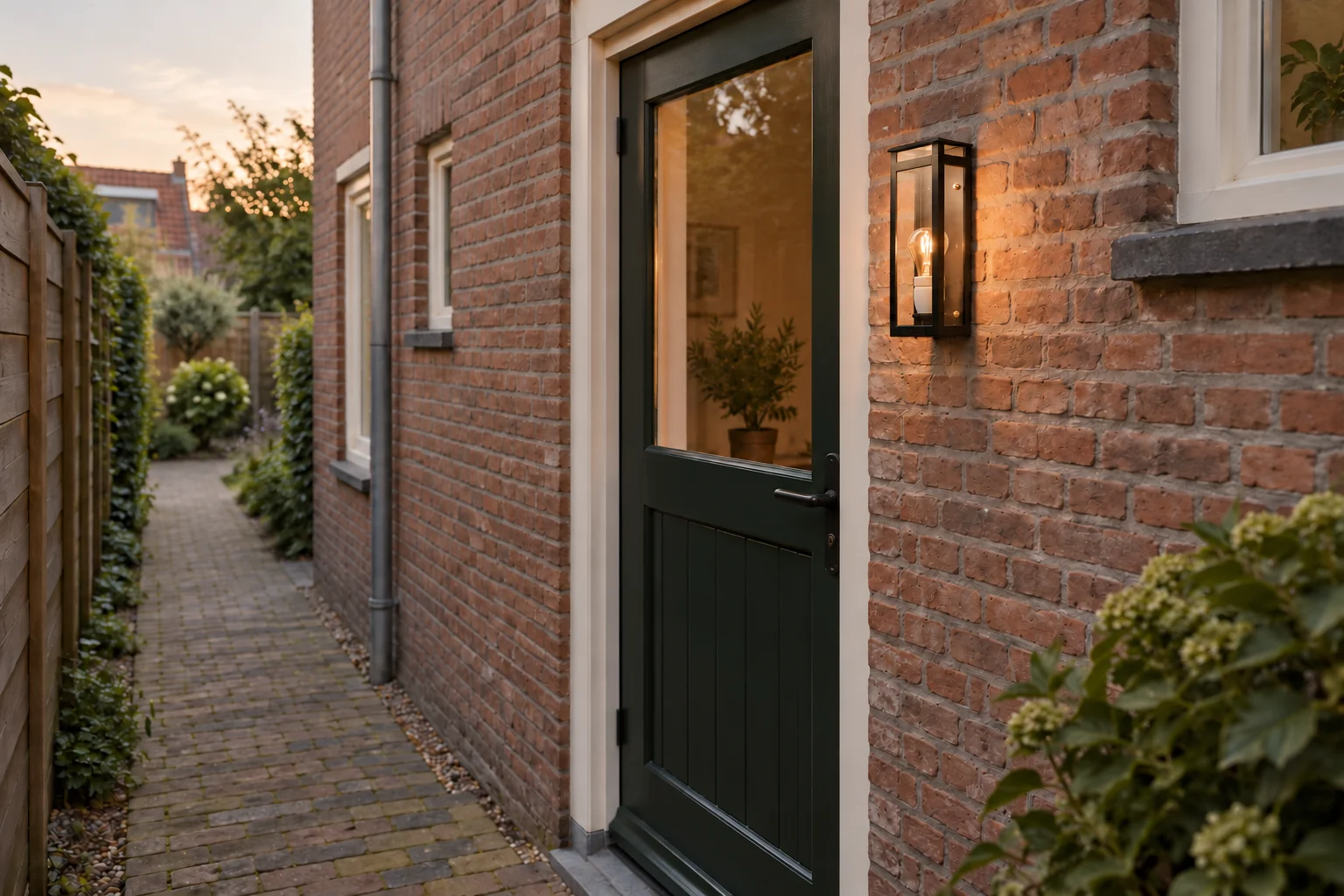 Amsterdam Wandlamp S naast een groene achterdeur aan een smal bestraat zijpad. Gegenereerde sfeerimpressie.