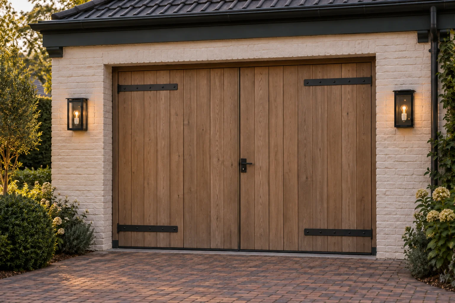 Gegenereerde sfeerimpressie van twee Amsterdam Wandlampen M naast houten garagedeuren.
